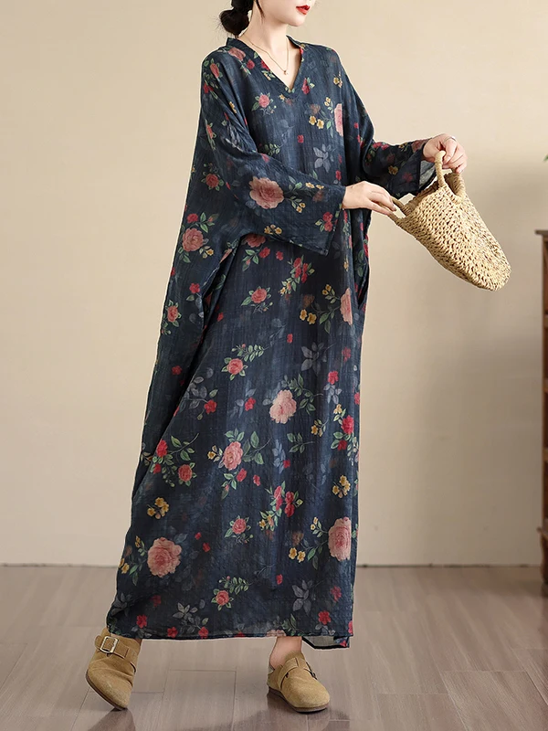 V-Ne الأزهار طباعة الصيف الدكتور المرأة الرجعية اللحوم إخفاء السفر Sle الكورية فضفاضة تناسب ألف خط ميدي الدكتور للخريف