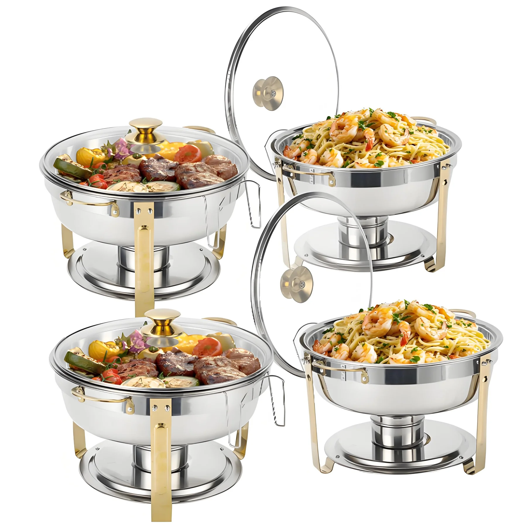 2/4 Pack 5Qt Round Gold Chafing Dish Food Warmer Container Set with Glass Lid Party Hotel Wedding Buffet Warmer Gas Fuel Pan