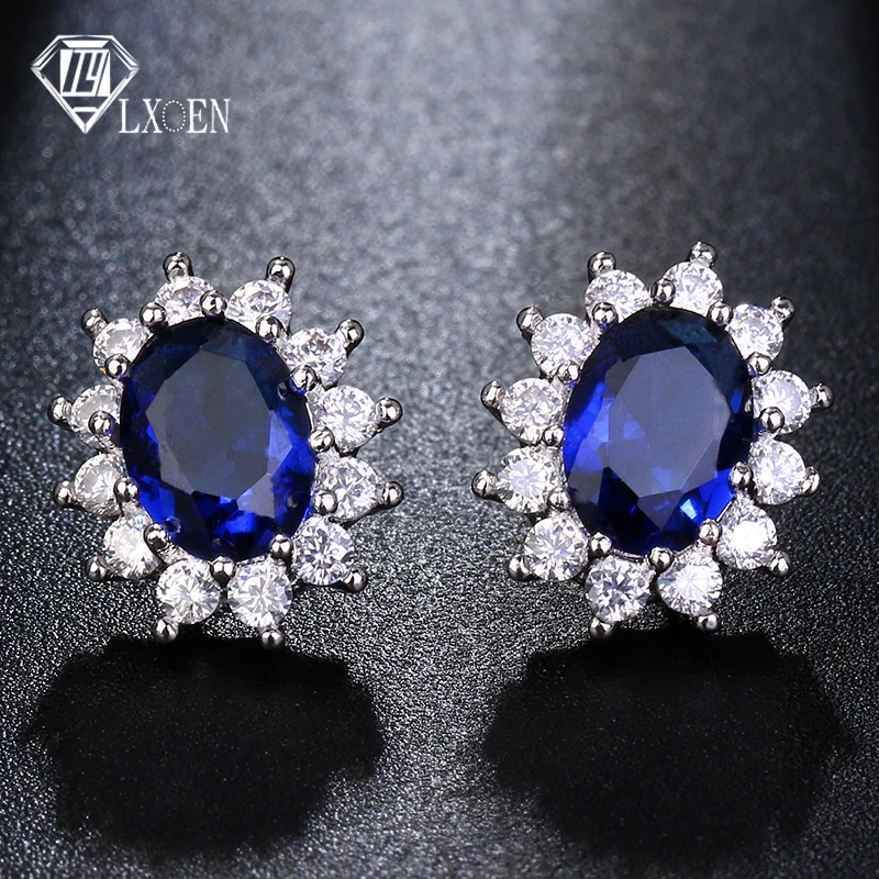 LXOEN Fashion Blue Oval Zircon Stud Earrings for Women Present Gift Red Crystal Bijoux for Girl Earings Oorbellen Small Earrings