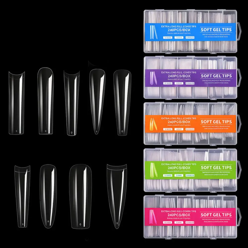 XXXL Long Artificial Nail Tips Clear Full Cover False Nails Extension Coffin French Style Nail Art Tips For Lanqino