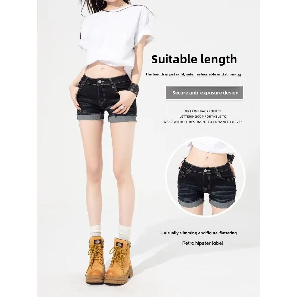 

Summer 2026 Slimming Low Waist Denim Shorts Women's Hot Pants High Waist Wide Leg Pants Folded Hem American Deep Blue Jeans