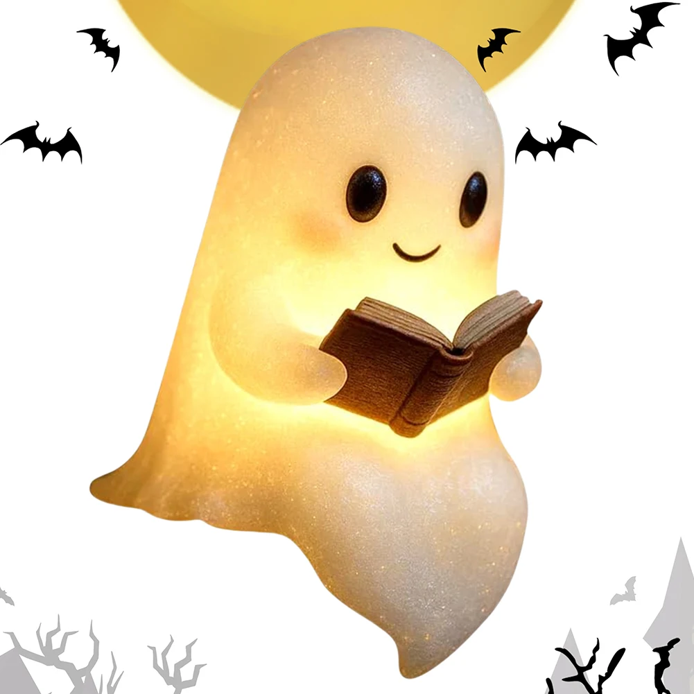 Cute Ghost Reading Book Lamp Halloween Ghost Night Light Ghost Reading Night Light Halloween Decor for Bedroom Study Room Reader
