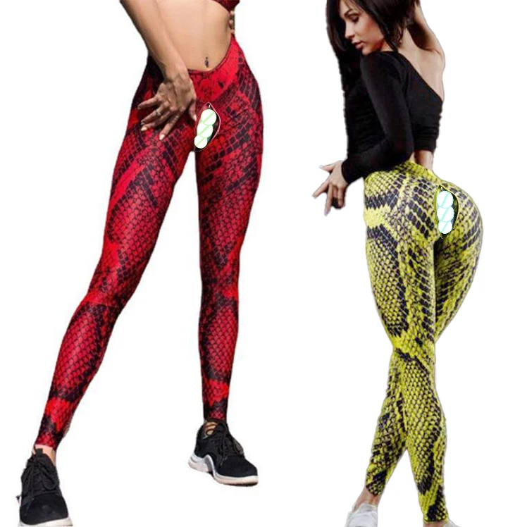 Open Crotch Outdoor Sex Erotic Pants Women Yoga Leggings Push Up Print Peach Hip  Gym Python Pattern High Waist Tight Trousers