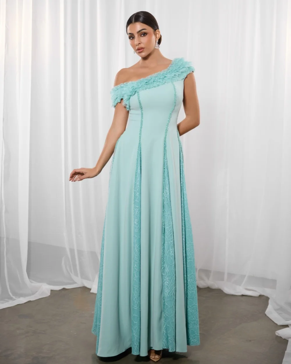 

Customized Elegant Women Jersey Beading Ruched A-line Evening Dresses High Quality Off-the-shoulder Sleeveless Long Prom Dresses