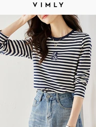 VIMLY Women's Striped T-shirt Embroidery Long Sleeve Tops 2023 Autumn Korean Fashion Casual Base Shirt Female Clothes M2532