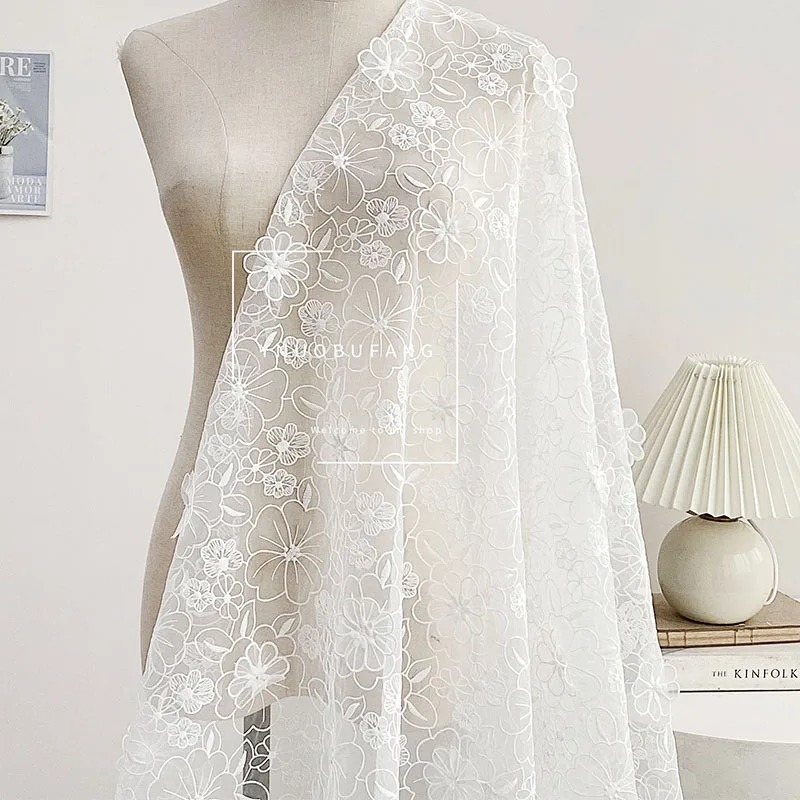 Pure White Organza 3D Double-layer Embroidery Lace Fabric Fashion Clothing Wedding Dress Handmade Diy Cloth