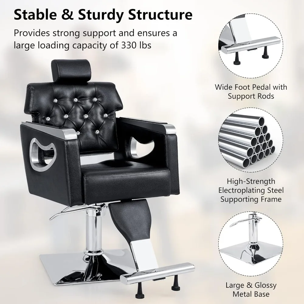 Reclining Barber Chair, Salon Chair  Heavy Hydraulic Pump, Adjustable Height,360° Swivel, PVC Leather Padded Hair Styling Chair