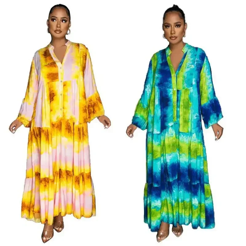 فساتين الطباعة الأفريقية للنساء ربيع الخريف أنيقة الأفريقية طويلة الأكمام الخامس الرقبة البوليستر فستان ماكسي الملابس الأفريقية