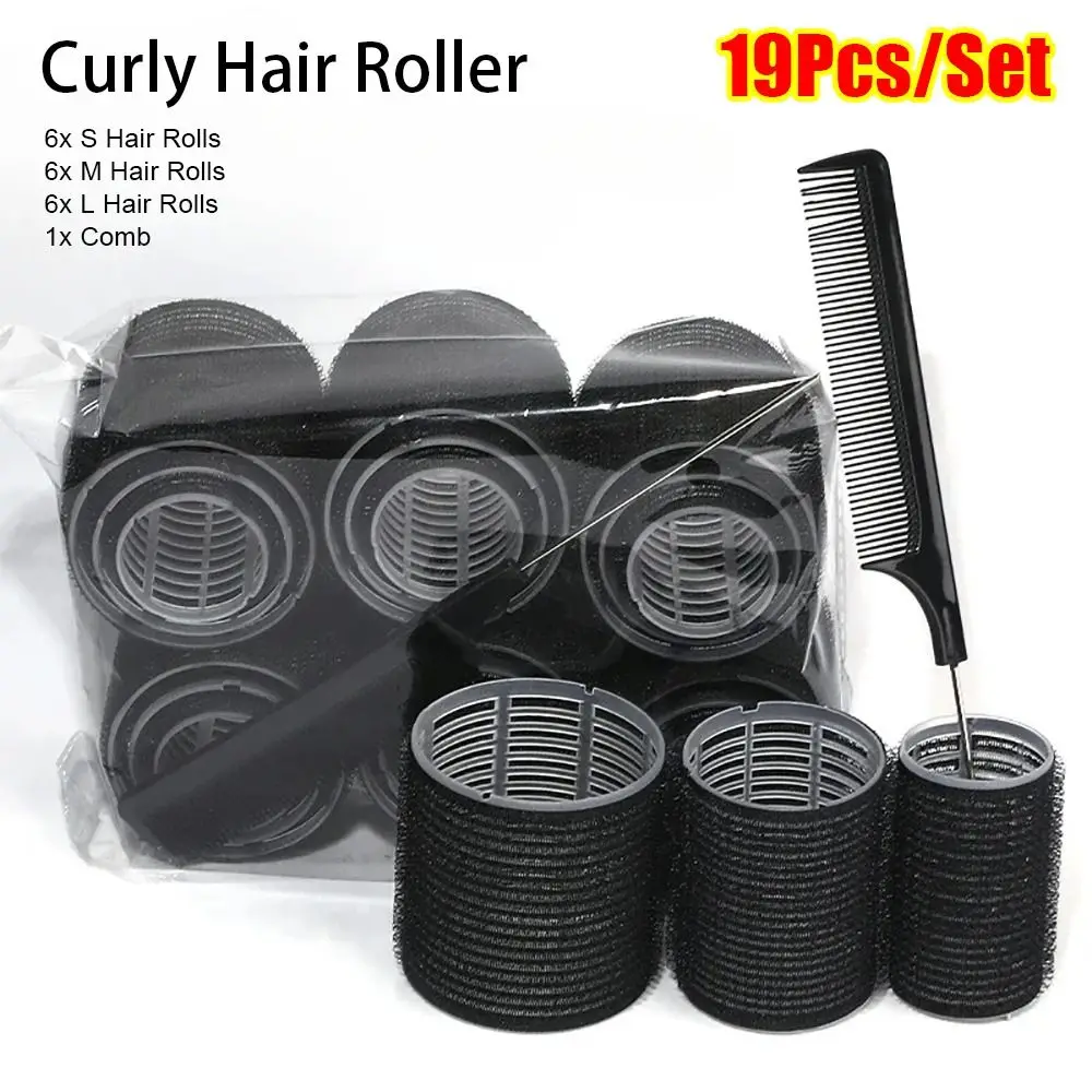 19Pcs/Set Self-Grip Hair Bangs Hair Rollers with Comb Self-adhesive Hook Hair Curlers Plastic 3 Sizes Curly Hair Stick