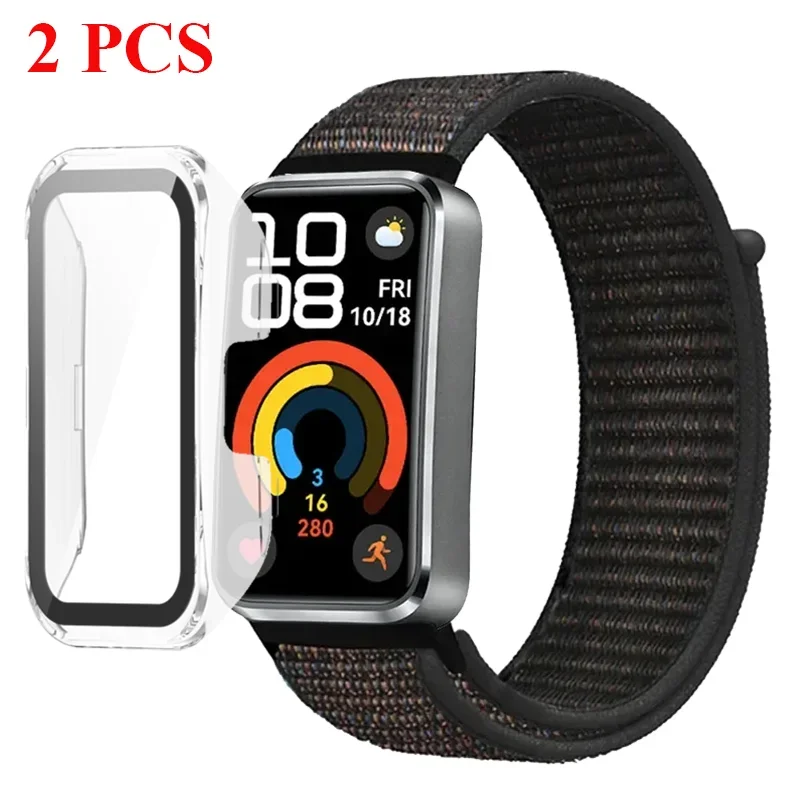 Nylon Loop Strap+PC Case For Huawei Band 10 HD Tempered Glass Protective Shell Huawei Band 10 9 8 Comfortable Bracelet Wristband