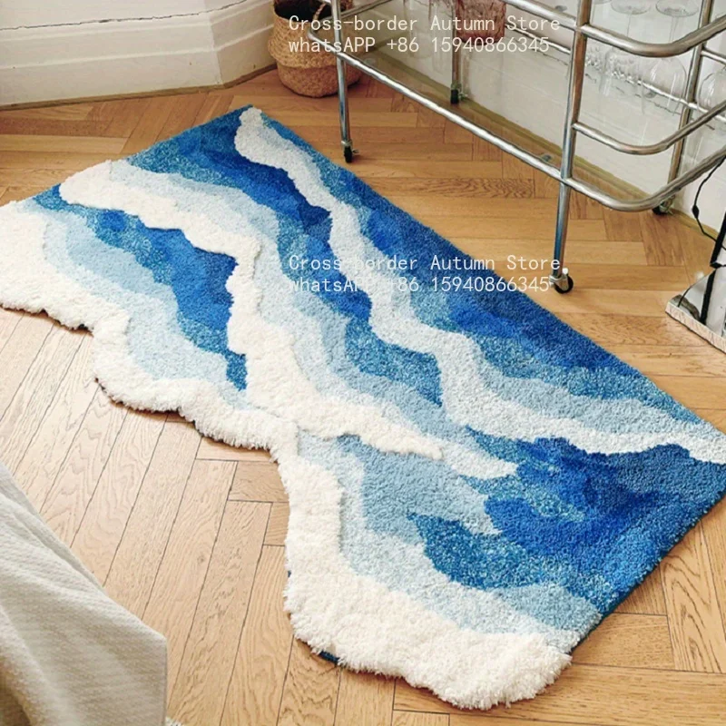 Blue Sea Wave Flocking Rug Bedroom Rug Corridor Area Floor Pad Mat Doormat Aesthetic Home Decor 60*90CM