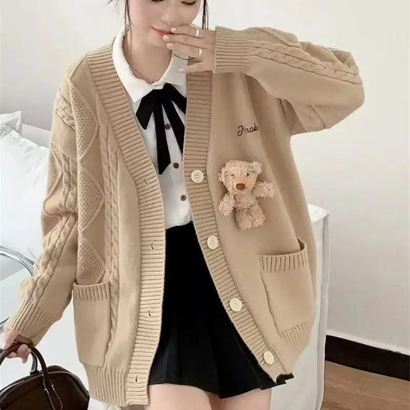 College style cute little bear V-neck cardigan sweater women in autumn and winter 2024 new loose and lazy knitted jacket