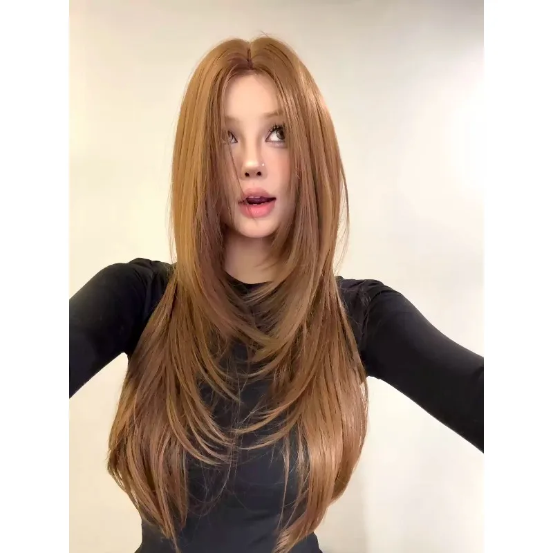 Middle Part Layered Caramel Chestnut Brown Lace Front Wig Long Straight High Temperature Fiber Wig for Daily Wear Cosplay Party