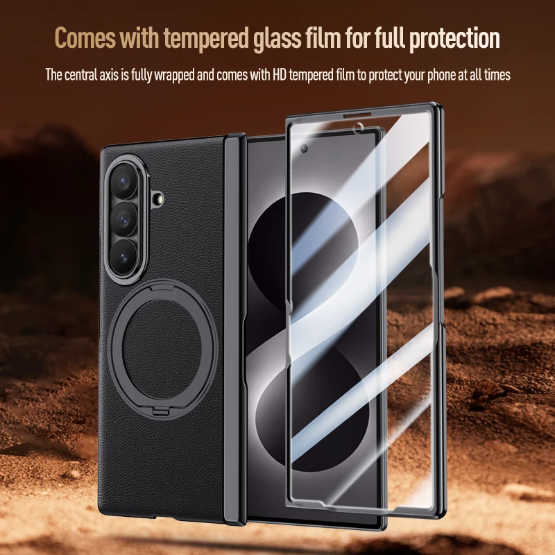 Luxury Case For Samsung Galaxy Z Fold 8 Ultra Magnetic PU Leather Rotatable Ring Stand Hinge Protection With HD Privacy Glass