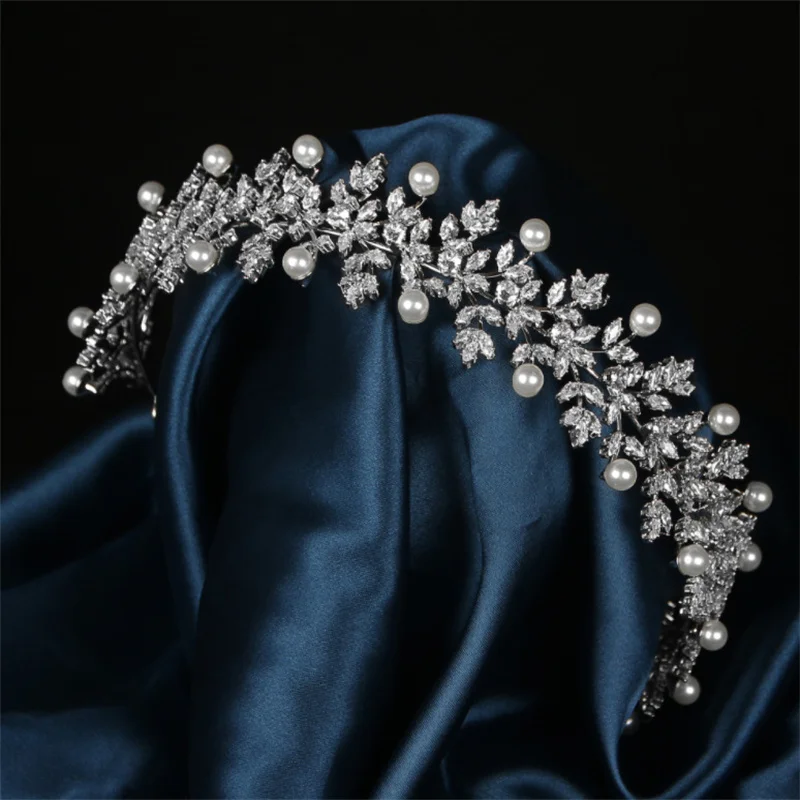 Bridal Hair Band Headdress Wedding Hair Jewelry Accessories Pearl Zirconia Bride Tiara Crown Women Prom Pageant Headband Diadem