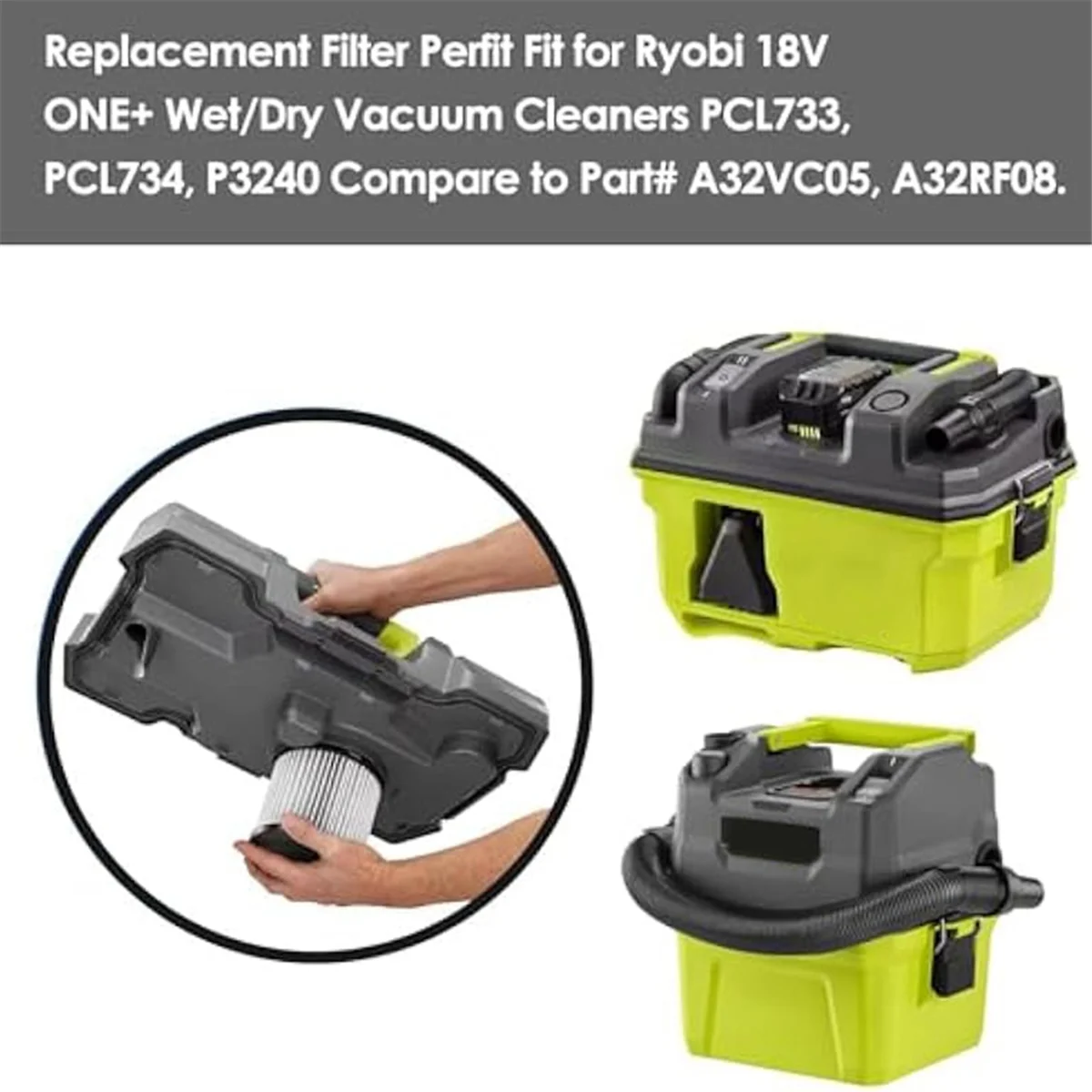 AC66 4 filtros de pacote para Ryobi 18V ONE + PCL733, PCL734, P3240 aspiradores úmidos/secos, parte A32VC05, A32RF08