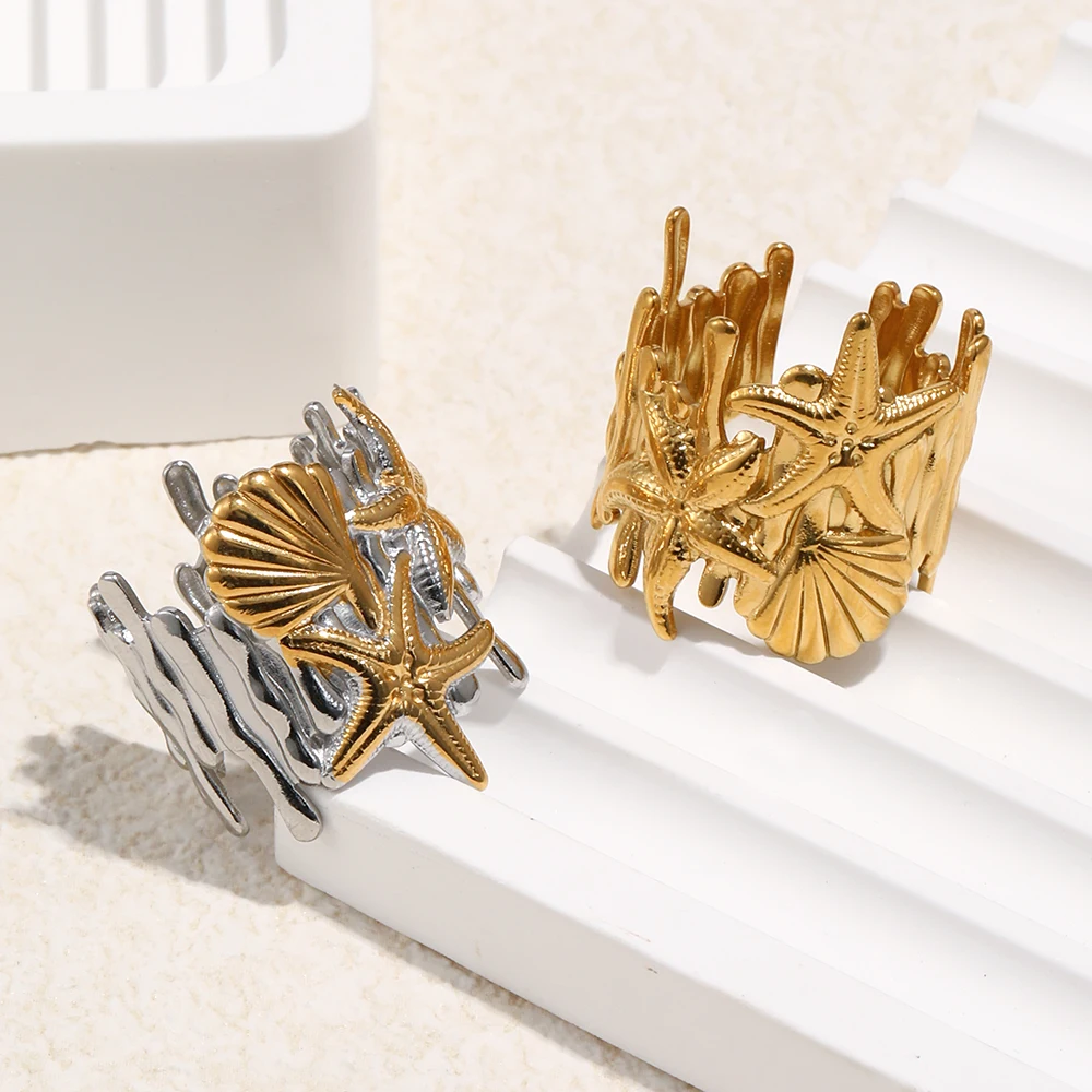 E.B.belle Stainless Steel Shell Starfish Pattern Casting Ring With Long And Short Vertical Lines Gold Plated Jewelry Decoration