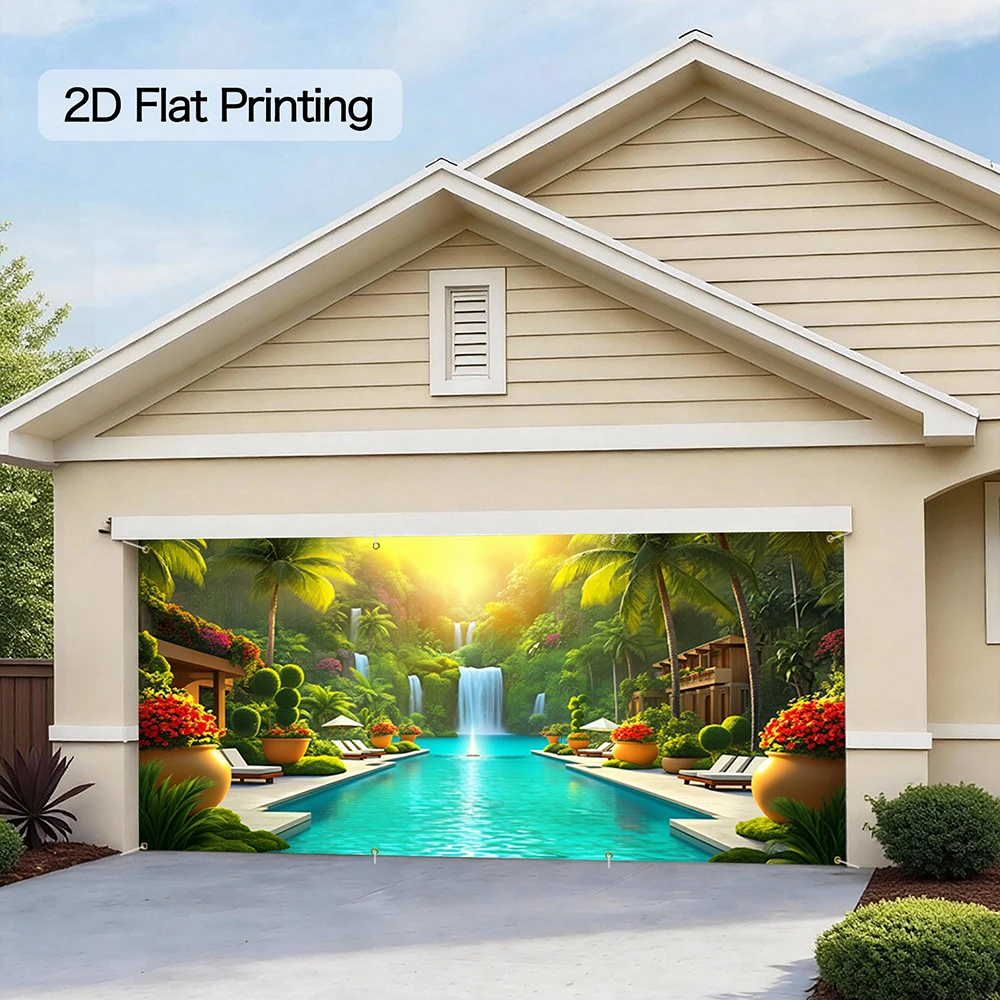 1pc Jungle Waterfall Garage Door Banner 13x6FT Vibrant Tropical Pool & Waterfall Backdrop for Resort-Themed Parties, Room Decor