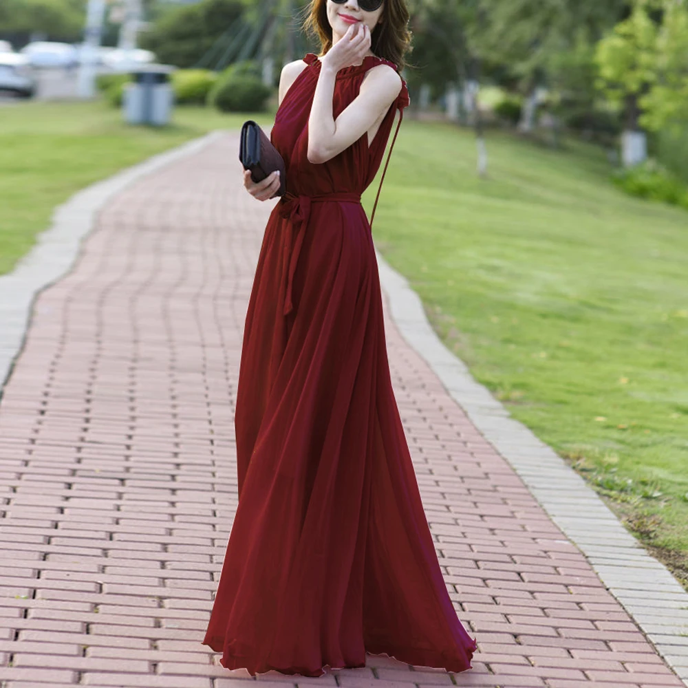 

Elegant Halter Pleated Sleeveless Maxi Dress Women Soft Chiffon Dance Party Long Dress Girl 10 Colors S-2XL Lady Loose Clothing