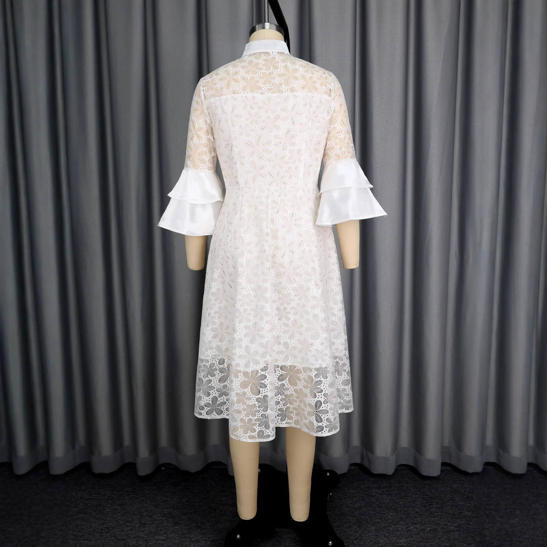 Lace Stand Collar Single-breasted Sheer A-line Midi Dress with Flared Sleeves and Waist-cinching Elegant Party Dress Elegant