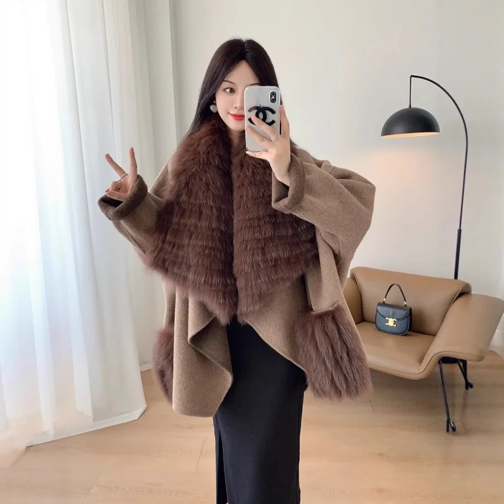 Modny, dwustronny płaszcz kaszmirowy damski z wysokiej jakości futrzanym kołnierzem z lisa, krótki wełniany płaszcz z prawdziwego futra, streetwear - hit sprzedaży.