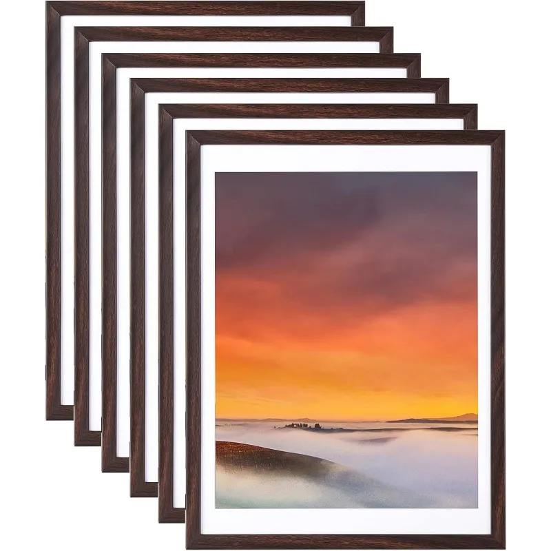 

12x16 Picture Frame Set of 6, Display Pictures 11x14 with Mat or 12x16 Without Mat,Wall Gallery Photo Frames, Brown