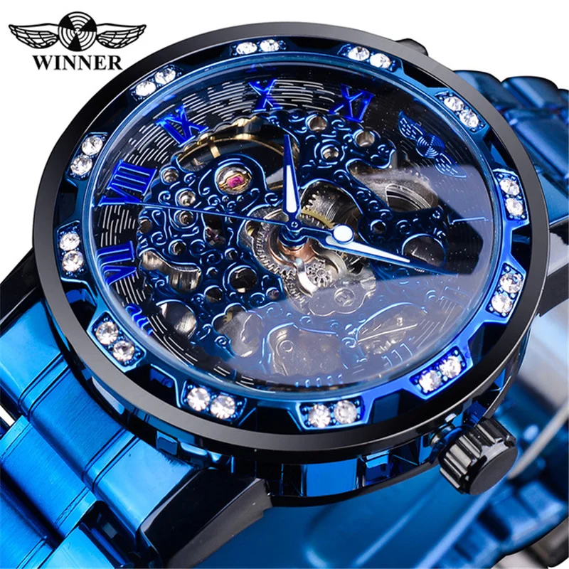 Winner 01B Luxury Skeleton men Mechanical Watch Male Clock Hand Wind Blue Watch Skeleton Montres pour hommes