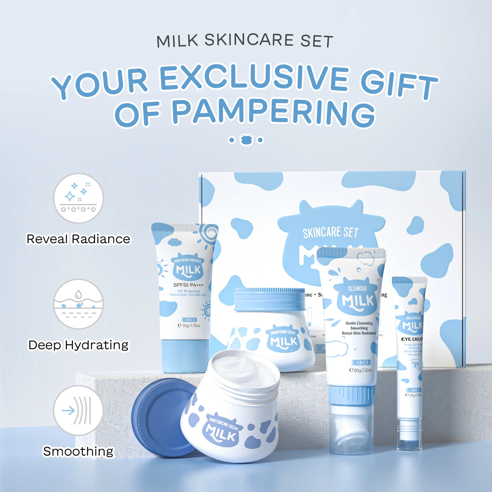 

LAIKOU Milk Glowing Skincare Set 5PCS Hydrating Radiance Kit Skin Refining Treatment Firming Moisturizing Gift Set