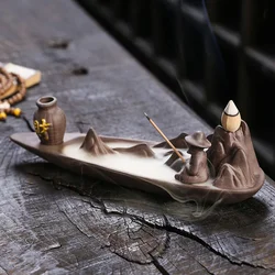 Purple Clay Handicraft Mountains Home Ornaments Fisherman Incense Stick Holder Backflow Incense Burner (Without Incense Cones)