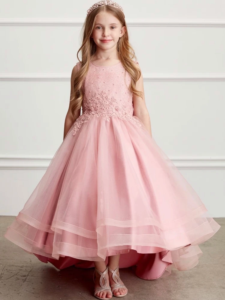 

Flower Girl Dresses Pink Tulle Flowers Appliques With Bow Hight-Low Skirt Sleeveless For Wedding Birthday First Communion Gowns