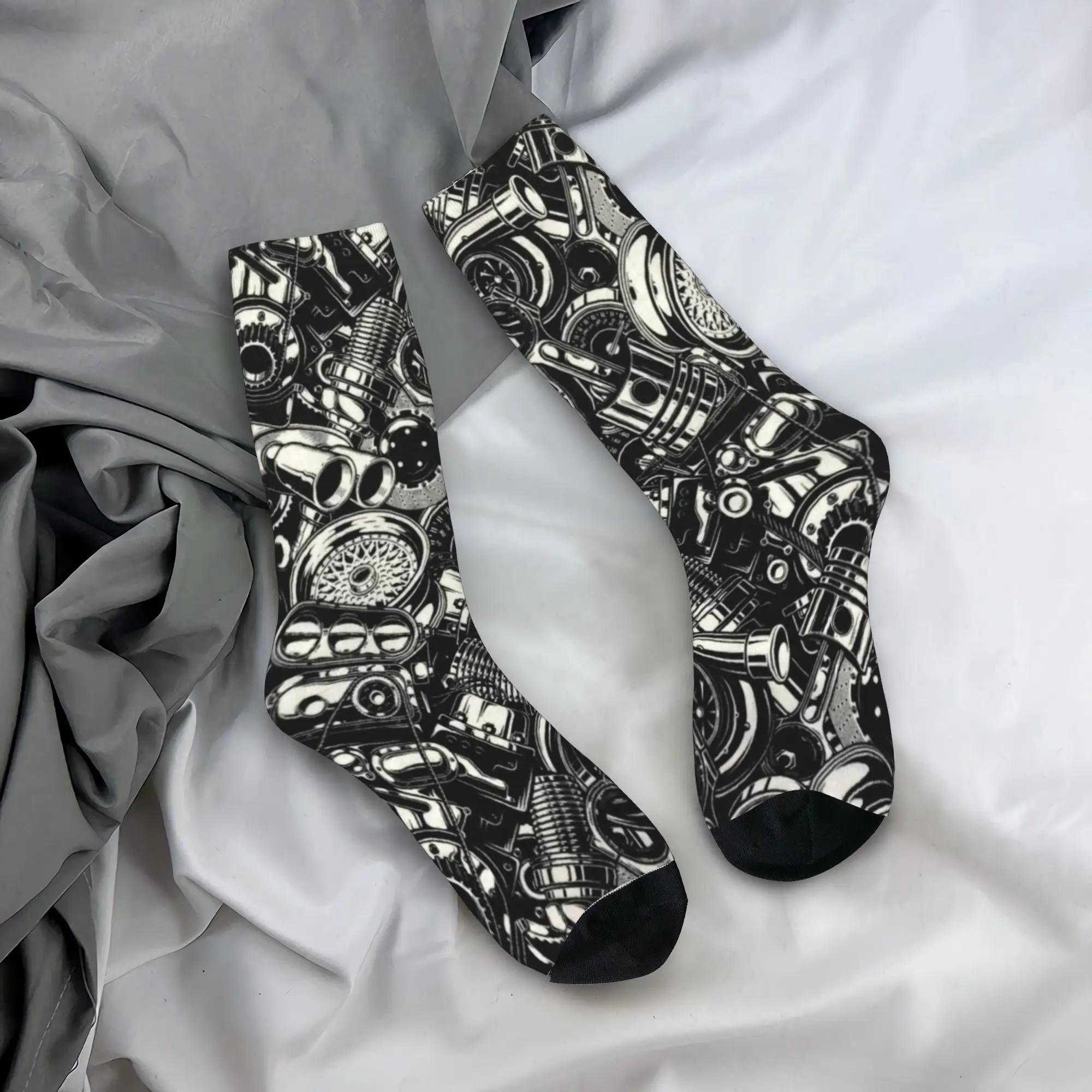 Black and White Mechanical Skull Collage Socks  Trendy Stockings Winter Non-Slip Men Socks Comfortable Graphic Running Socks