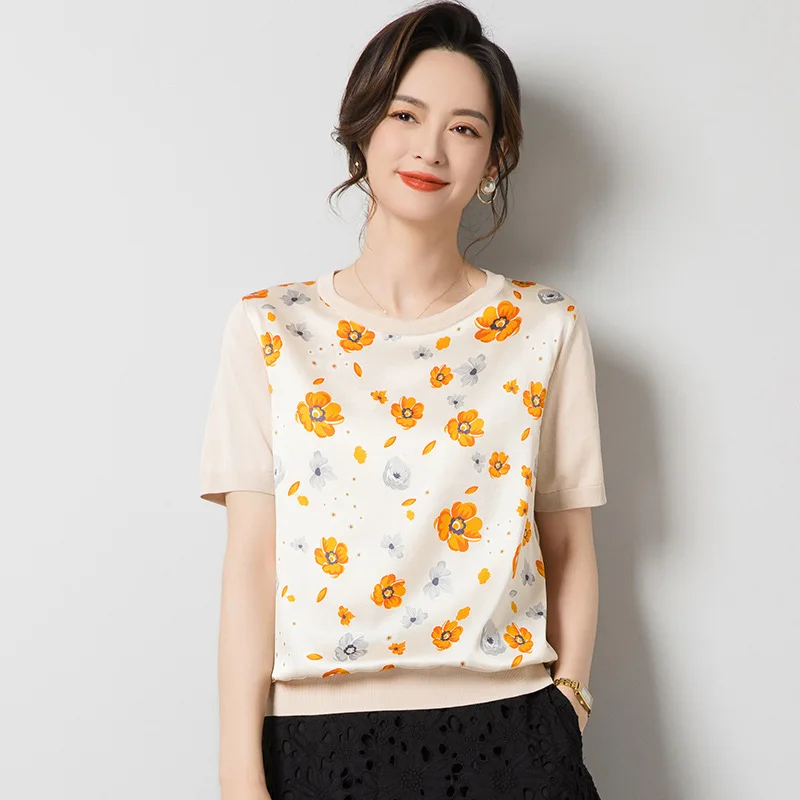Birdsky, 1PC Women pullover sweater tee T shirt top short sleeve 90% mulberry silk 10% spandex print, S-1042
