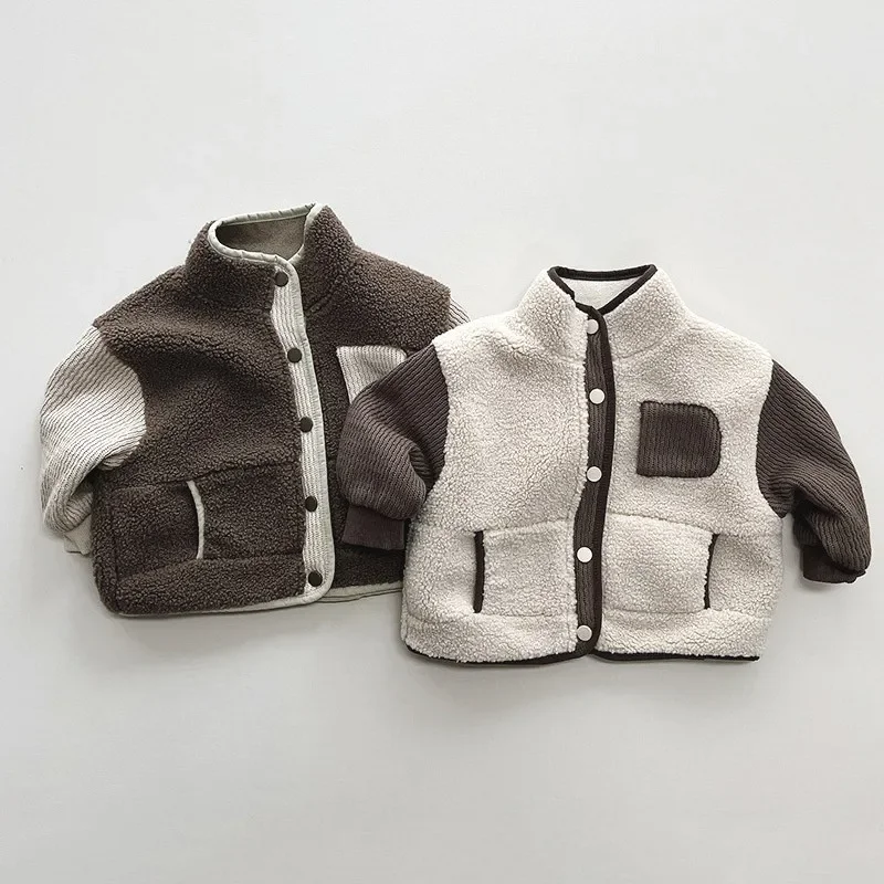 Autumn Winter Children Thicken Plush Warm Coat Casual Kid Patchwork Long Sleeve Tops Boy Girl Baby Fleece Jacket Toddler Outfits