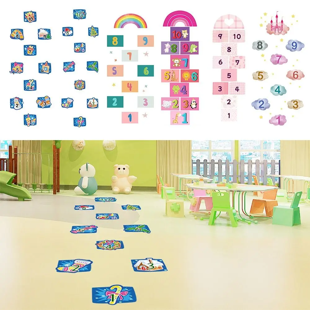 Multicolor Hopscotch Game Floor Stickers Self-adhesive Parent-child Cartoon Number Grids Waterproof Removable Flooring Decals