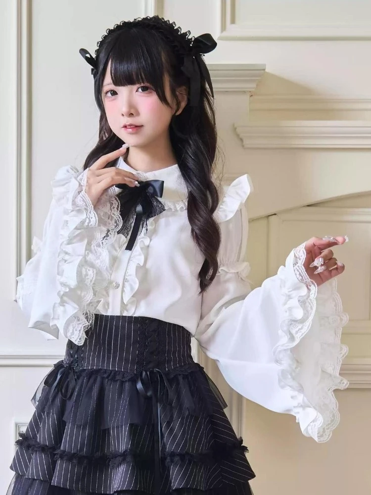 

Japanese Lolita Lace Patchwork Blousewomen Harajuku Fairy Flare Sleeve Blusas Y2k Aesthetic Single Breasted Sweet Ruffled Shirt