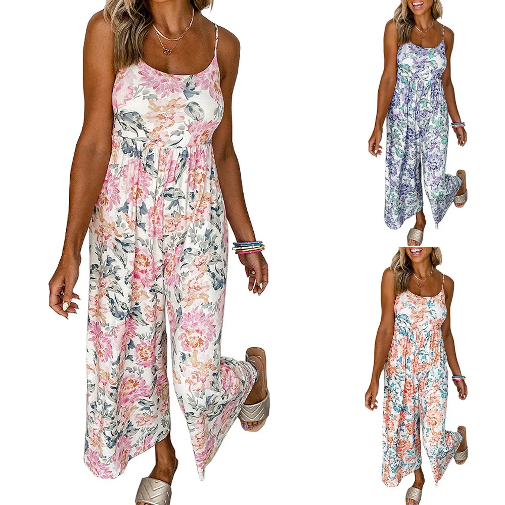 

BKLD 2024 Summer High Waist Wide Leg Pants Jumpsuit Female Floral Pritned Spaghetti Strap Open Back Jumpsuits Woman One Pieces