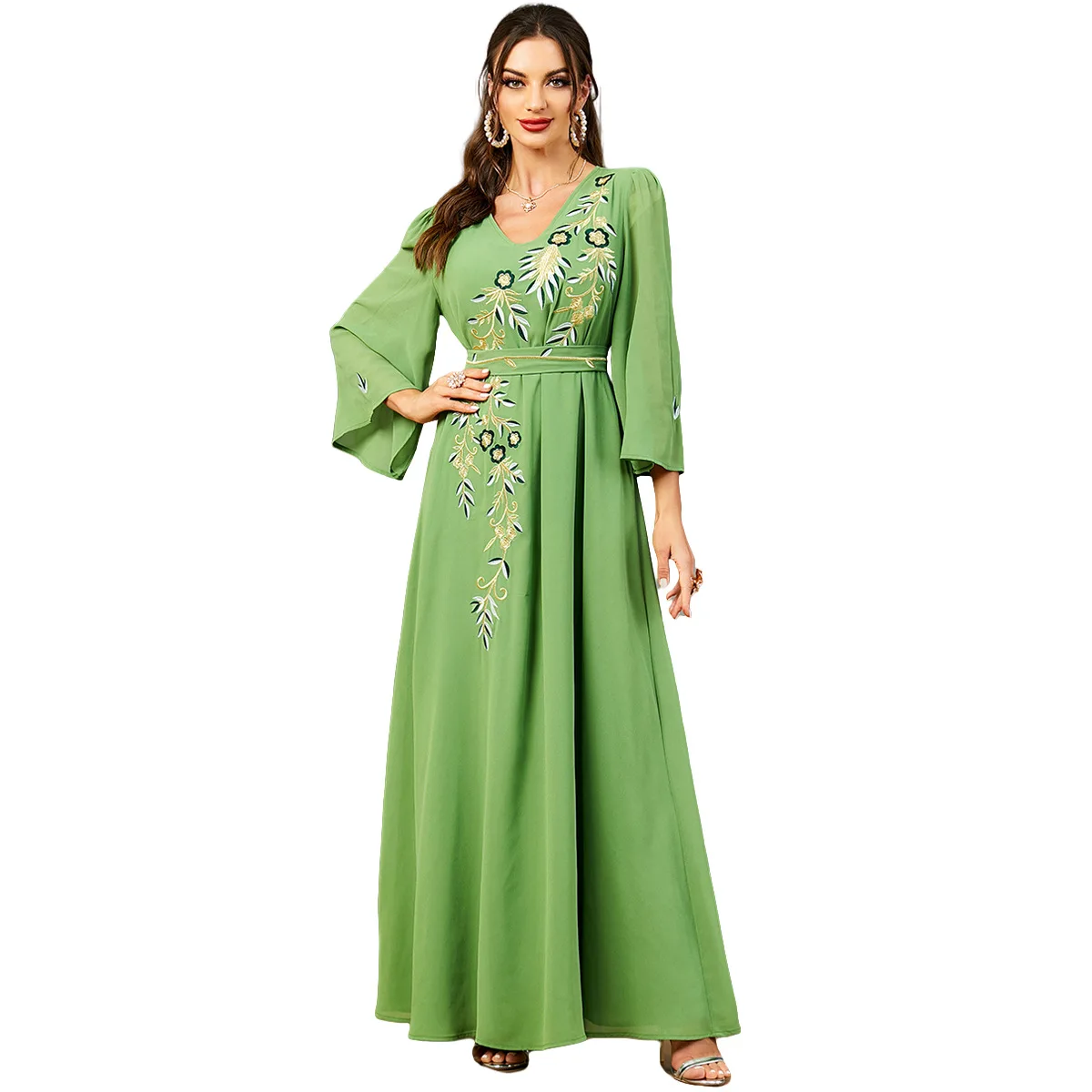 Baju Kaftan bordir leher V, baju sifon, bordir leher V, jubah abaya Dubai, pakaian kasual untuk wanita Muslim, Vistidos