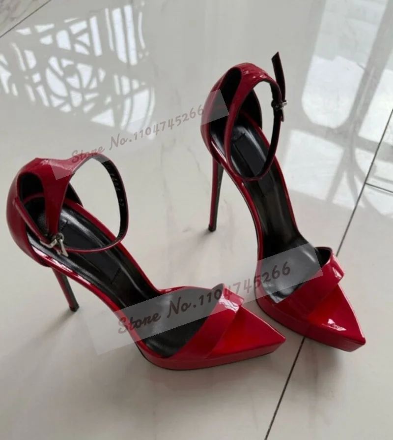 Red Nude Black Mirror Leather Platform Sandals Thin High Heel Pointed Toe Dress Shoes Single Band Buckle Strap Dress Pumps
