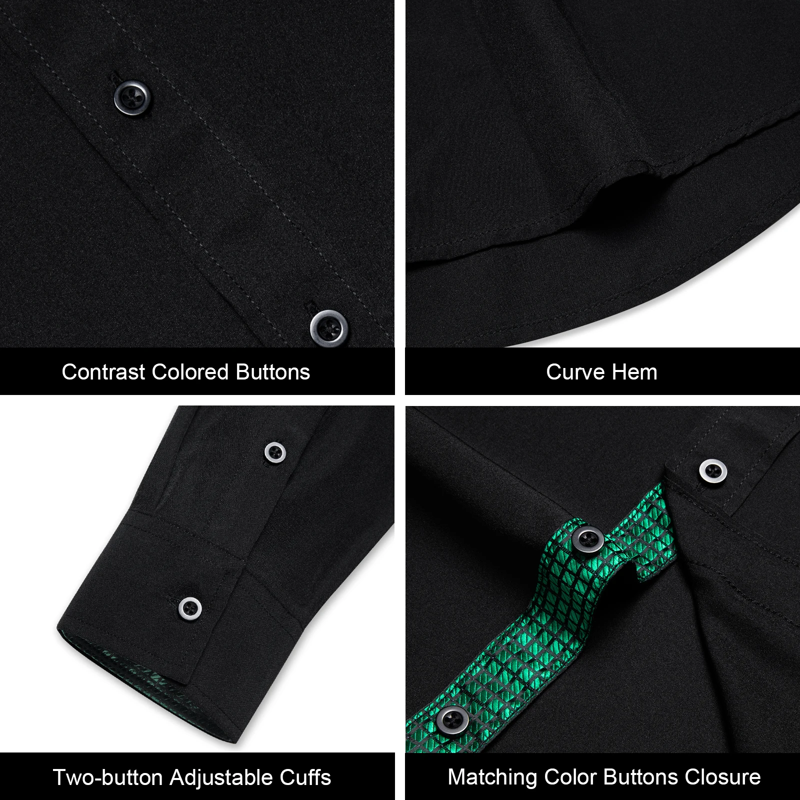 Black Solid Men\'s Shirt Long Sleeve with Golden Color Collar Pin Casual Social Buinesss Dress Shirts for Party Men Clothing