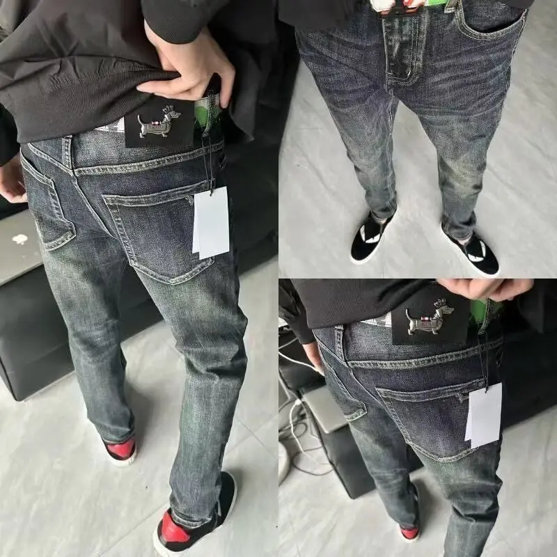 

High-End Men's Slim Fit Straight Leg Jeans Doggies Casual Cotton Stretch Denim mid Waist Zipper Closure Comfortable Wear