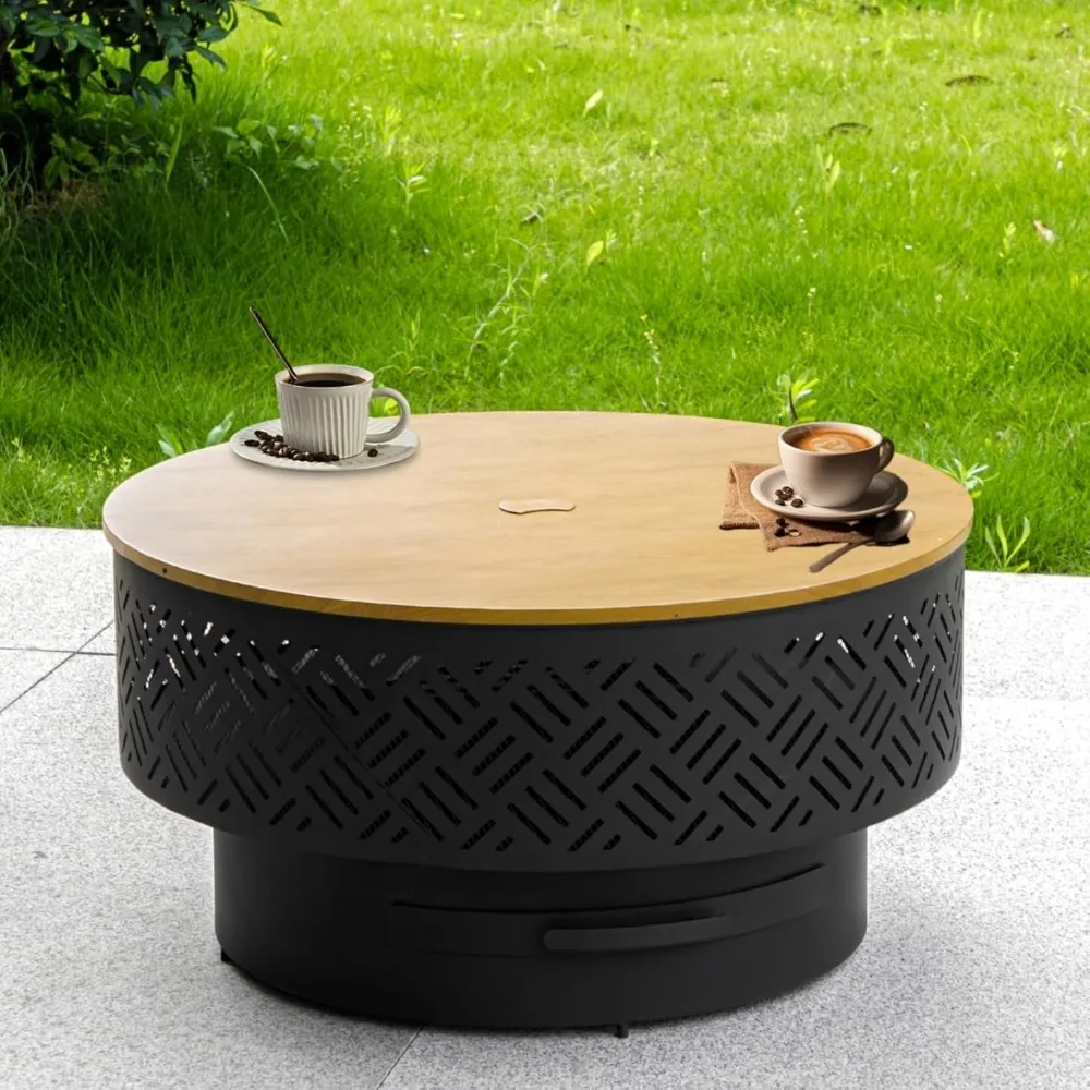 

Fire Pits with Grill & Lid, Fire Pit Table for Outside with Waterproof Cover & Fire Poker,Outdoor Firepit with Functions