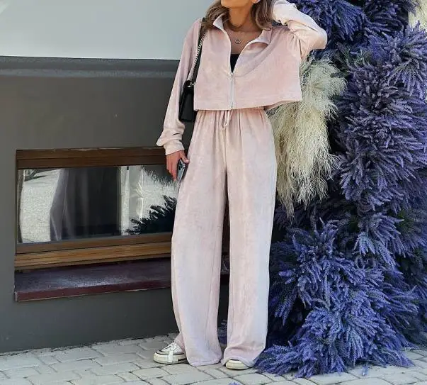 

Women's Minimalist Set 2026 Spring/summer Latest Velvet Solid Color Casual Minimalist Style Pockets Long Sleeps Two-Piece Set