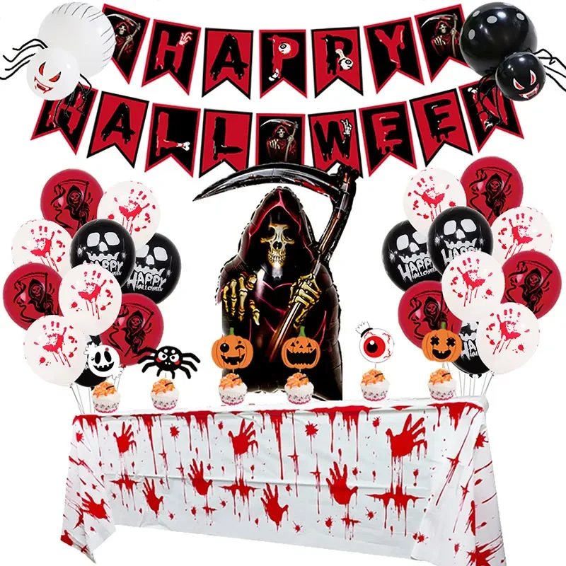 

Halloween Balloons Dining Table Party Set Blood Handprints Skull Scary Room Decoration Party Aluminum Halloween Party Supplies
