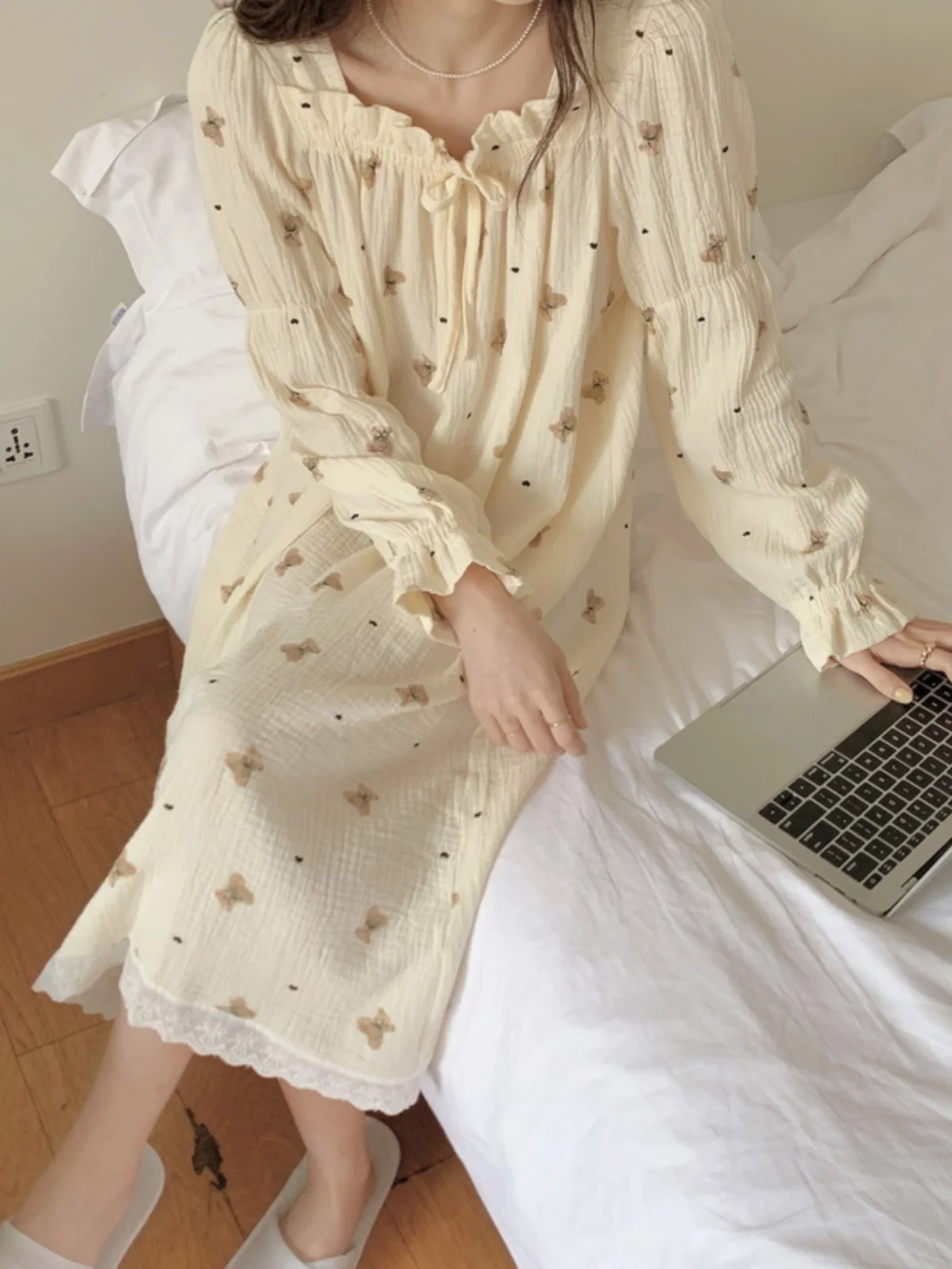 

Princ Sle Long Sve Spwear Women's Spring Summer Autumn Cotton Linen Woven Dr Home Clothes Square Collar Gown
