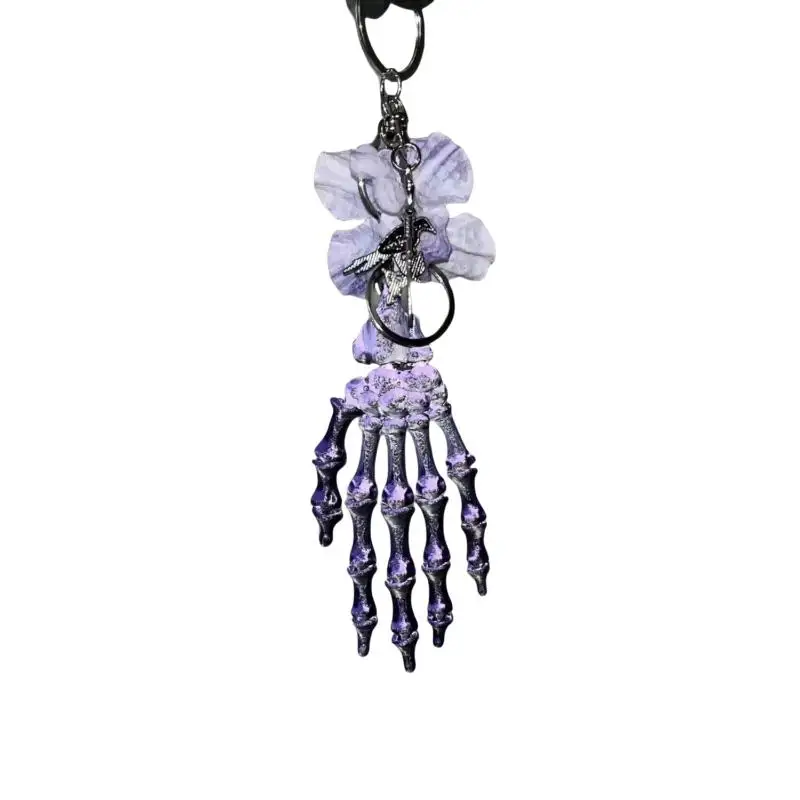 Gotischer Totenkopf-Krallen-Blumen-Schlüsselanhänger, Lila, Ästhetisches Halloween-Scherzgeschenk, Taschenanhänger für Damen, Rucksack- und Autoschlüsselhalter – Detail 5