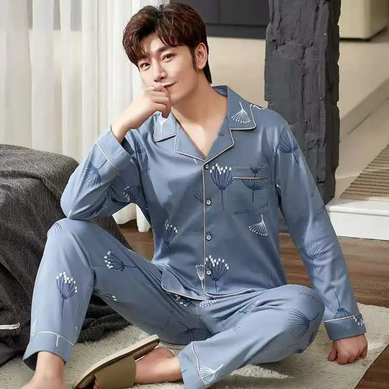 Spring Autumn Men\'s Cotton Pajamas Letter Striped Sleepwear Cartoon Pajama Sets Casual Sleep&Lounge Pyjamas Big Size 3XL Pijama