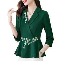 M-4XL Elegant Fashion Embroidery Blouse 3/4 Sleeve Ruffles Tops 2023 Spring Summer V neck Women Shirt