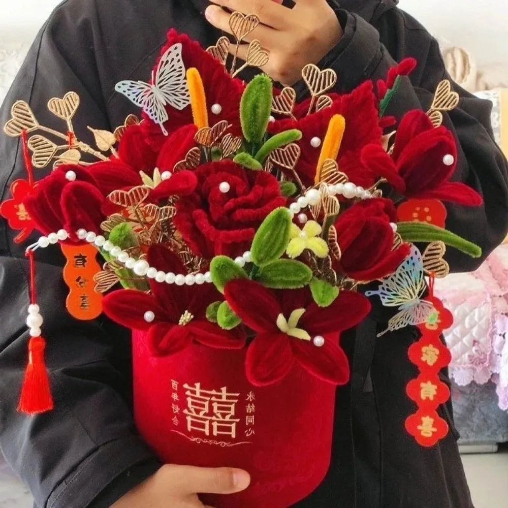 New Tulip Rose Macaron Color Fuzzy Wire Encrypted Fur Root Top Knitting Strip Super Density Material Package DIY Flower Bouquet