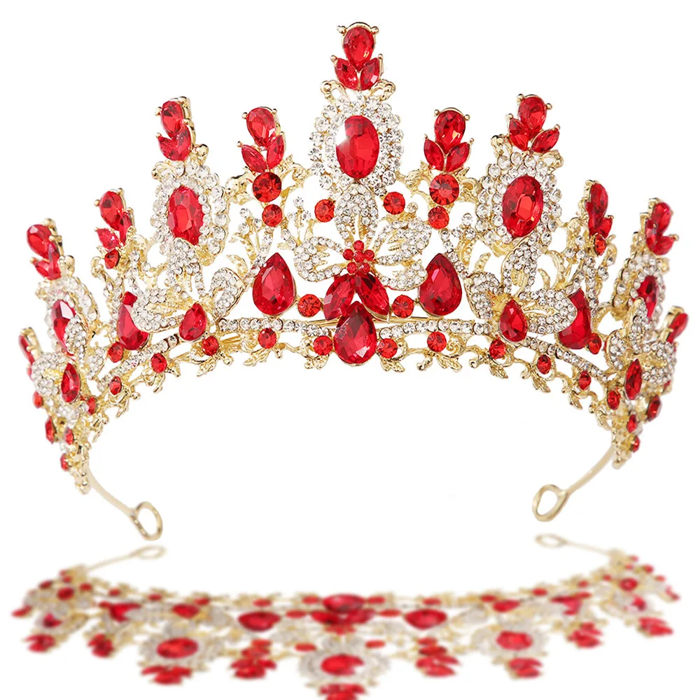 Корона-тиара в стиле барокко с красными кристаллами в форме капли для женщин и девушек, свадебное украшение для волос, аксессуар для вечеринок и праздников