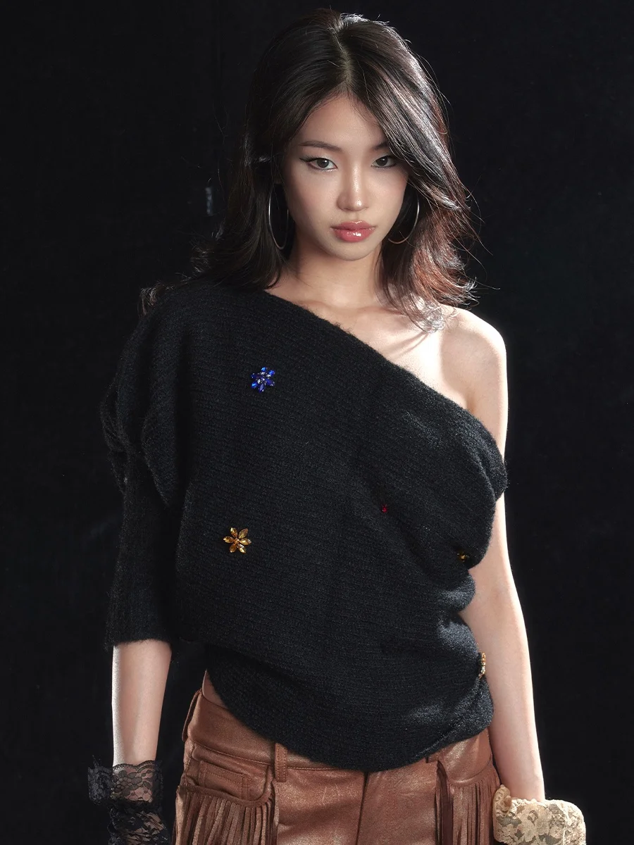 

DANZEE Оригинальный асимметричный вязаный свитер с открытым плечом, на одно плечо, с длинным рукавом, укороченный топ, для повседневной носки, зимняя коллекция